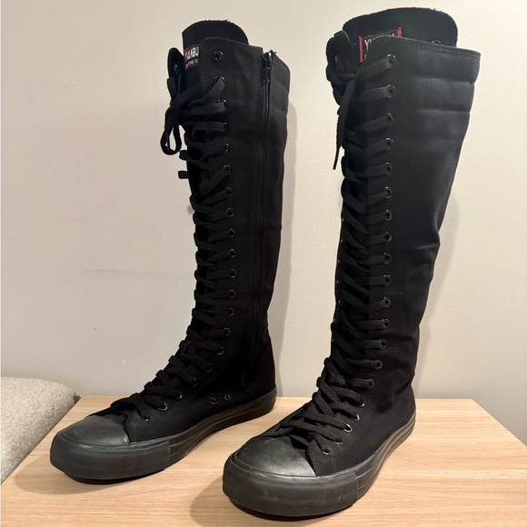 Anufer Yuanbu | Black Knee High Lace Up Sneakers - Picture 3 of 6